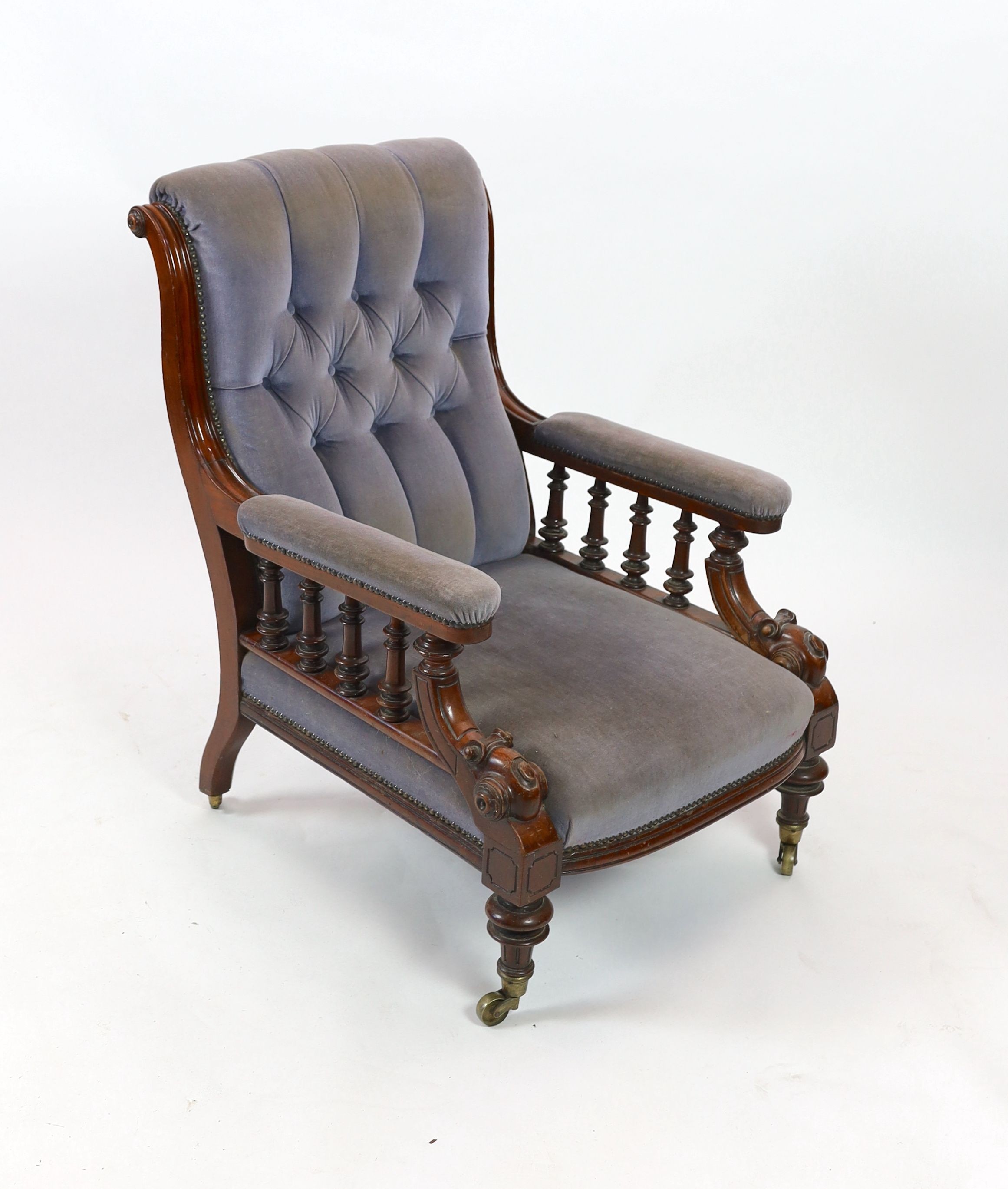 A Victorian mahogany upholstered armchair, width 66cm depth 74cm height 94cm